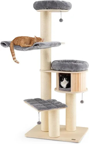 Vista 9 de Tangkula Árbol moderno para gatos, torre grande de varios niveles con condominio, hamacas y cesta colgante, árbol alto para gatos con postes