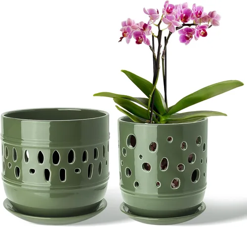 Vista 8 de Macetas para orquídeas LITUDISO, 5+6 pulgadas, blancas, de cerámica, aireadas, para interior/exterior, 7 pulgadas de ancho/altura, paquete de 2