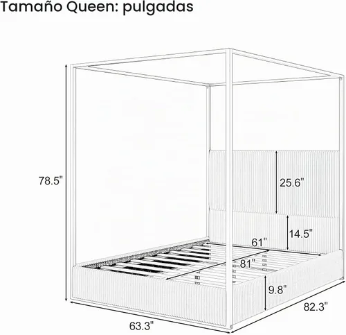 Vista 2 de Cama de Plataforma con Dosel de 4 Postes de Lujo Moderna Tamaño Queen con Cabecera Alta Tapizada en Terciopelo, Marco de Cama de Plataforma