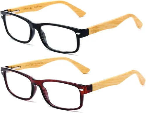 Vista 2 de Newbee Fashion Lentes transparentes Marco Rectángulo Marco Sin Prescripción Falso Gafas Paquete de 2 bambú negro y marrón