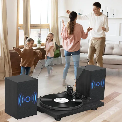 Vista 7 de Udreamer Tocadiscos de vinilo, giradiscos con altavoces de 40W, entrada y salida Bluetooth y grabación USB, tocadiscos LP vintage con cartucho