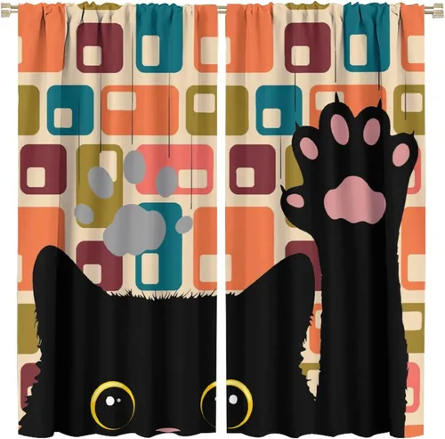 Vista 12 de Cortinas de estilo de mediados de siglo, diseño geométrico abstracto moderno, diseño retro, estampado de gato negro, para dormitorio, sala de estar
