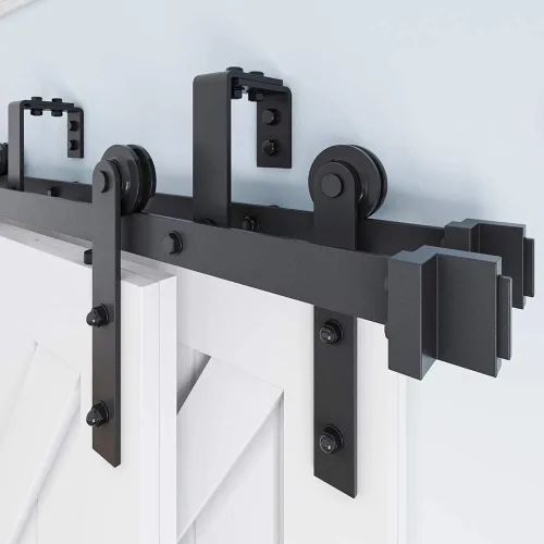 Vista 5 de ZEKOO Kit de hardware para puerta de granero corrediza de 8 pies, cuatro puertas, doble pista, desvío