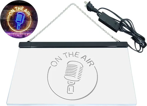 Vista 34 de ADVPRO - cartel de neón para estudio de grabación, LED, con micrófono y rótulo «On the air» azul y Red
