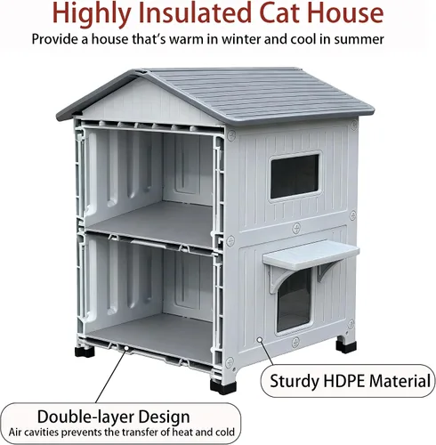 Vista 2 de Rockever Casa de gato con aislamiento de plástico para exteriores con puerta de escape, casa impermeable de 2 pisos para gatos al aire libre