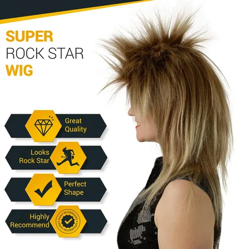 Vista 4 de City Costume Wigs Peluca Rocker de los años 80 Peluca Tina de los años 70, peluca de estrella de rock de los 80, peluca de laberinto de moño rubio