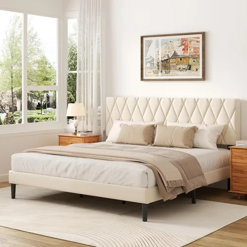 Vista 14 de CXVX Marco de cama tamaño completo con cabecera capitonada de diamante, cama plataforma tapizada en terciopelo y soporte de listones de madera, sin