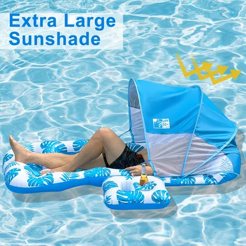 Vista 2 de COOLCOOLDEE Flotador inflable para piscina con toldo de sombrilla UPF 50+, flotador extra grande para adultos con reposacabezas, portavasos