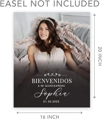 Vista 5 de Andaz Press Letrero de bienvenida de quinceañera grande personalizado, Art Deco Bienvenidos de 16 x 20 pulgadas, lienzo premontado para fotos