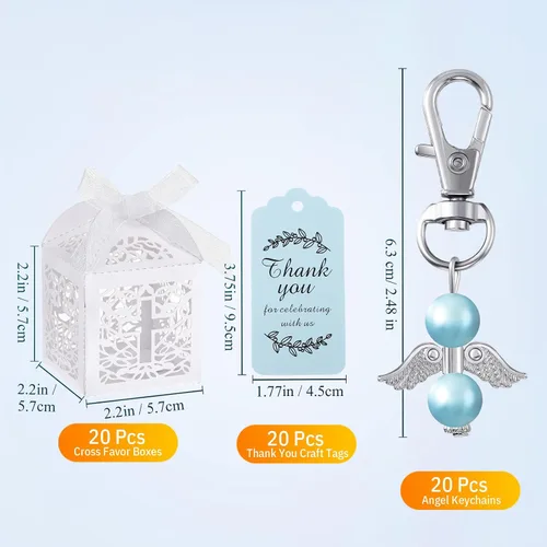 Vista 2 de Outus 60 piezas de recuerdos de fiesta de bautismo, 20 llaveros de ángel, regalos de ducha, 20 cajas de regalo de bautismo, 20 etiquetas de Azul