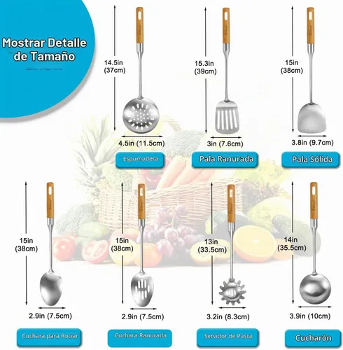 Vista 9 de Juego de utensilios de cocina de acero inoxidable con mango de madera, 7 piezas de utensilios de cocina largos de acero inoxidable, juego