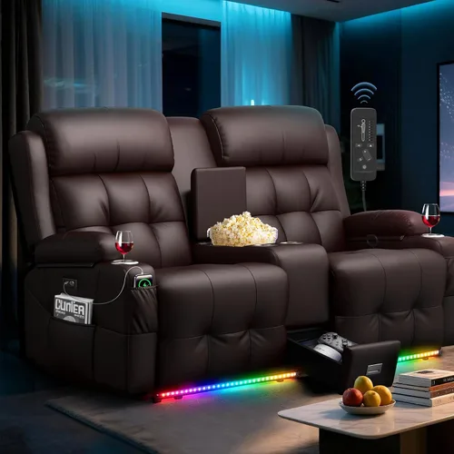 Vista 10 de Sofá reclinable de dos plazas para cine en casa, sofá reclinable de pared con USB, portavasos, sillón reclinable de tela de guijarros, sofá cama