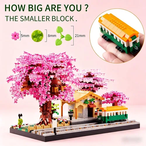 Vista 5 de Juego de bloques de construcción de micro bloques de construcción japoneses de cerezo en flor para adultos, modelo de mini ladrillos, casa