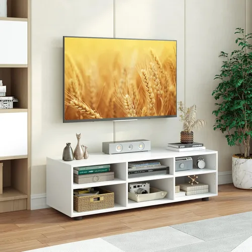 Vista 2 de Tangkula Soporte de TV con 6 compartimentos para televisores de hasta 55 pulgadas, centro de entretenimiento de madera blanca con 6 cubos