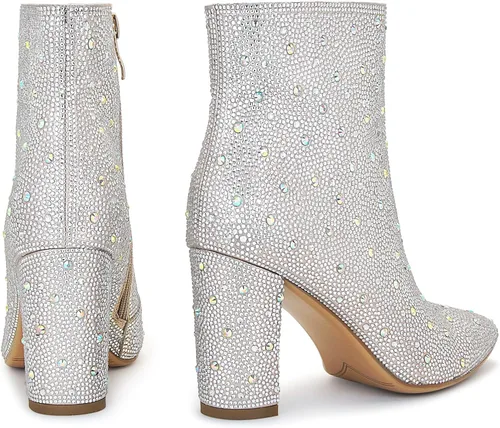 Vista 4 de SOVANYOU Botas de diamantes de imitación brillantes para mujer, botines de tacón alto grueso con cremallera lateral
