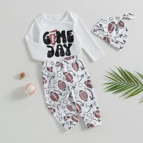 Vista 2 de Omkzanbi Ropa para bebé recién nacido, mameluco de manga larga, pantalones deportivos, sombrero, traje de otoño para el día del partido, 0-12 meses