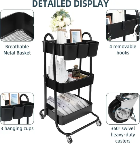 Vista 2 de Carrito utilitario de metal de 3 niveles, carritos de almacenamiento con asa y ruedas con cerradura, organizador de carrito de arte, carrito