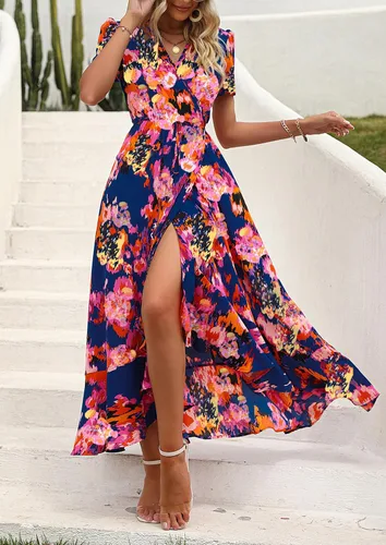 Vista 4 de PRETTYGARDEN - Vestido largo de verano cruzado para mujer, con cuello en V, estilo bohemio, floral, manga corta, dobladillo con volantes