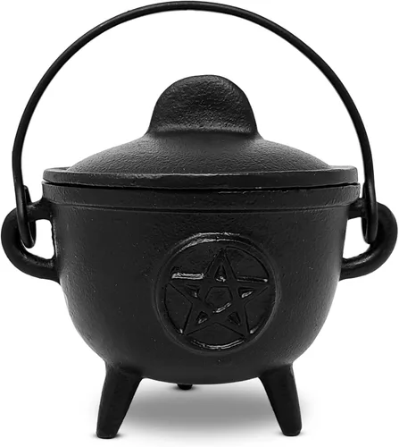 Vista 3 de New Age Imports, Inc. Caldero de hierro fundido con asa y tapa, ideal para manchas, quemar incienso, fines rituales, decoración, decoración
