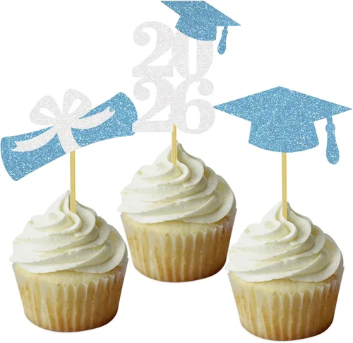 Vista 17 de Decoración para cupcakes de graduación, decoración de fiesta de graduación, selecciones de alimentos, felicitaciones, tapa de diploma con purpurina