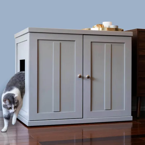 Vista 10 de THE REFINED FELINE Armario de caja de arena para gatos, agitador, gris humo, niveladores ajustables, grande, muebles ocultos para gatos con cajón