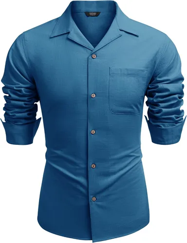 Vista 4 de COOFANDY Camisas de algodón y lino para hombre, de manga larga, casuales, con botones, para la playa