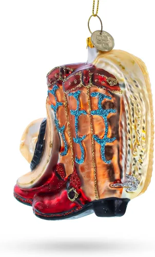 Vista 3 de Botas de vaquero y sombrero de cristal soplado adorno de Navidad