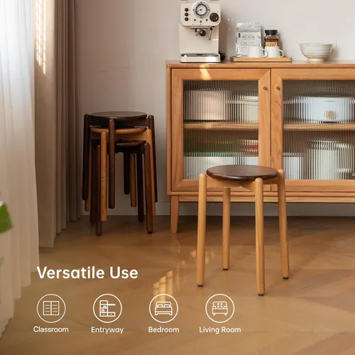Vista 5 de Taburete apilable de roble, soporte pequeño para plantas, taburete redondo de madera para comedor, sala de estar, entrada, aula, escuela, 15.4 x