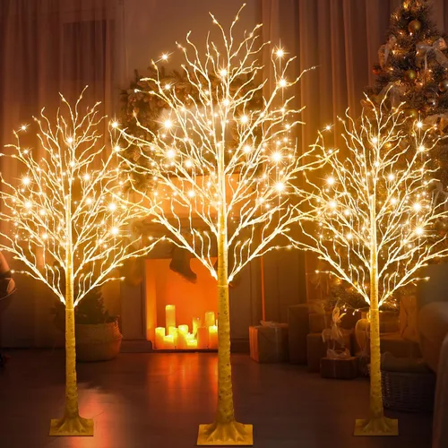 Vista 10 de Aurelema 6 piezas de árbol de abedul iluminado de 4 pies, 5 pies y 6 pies, 8 modos de Navidad, luces LED artificiales de color blanco cálido, árbol