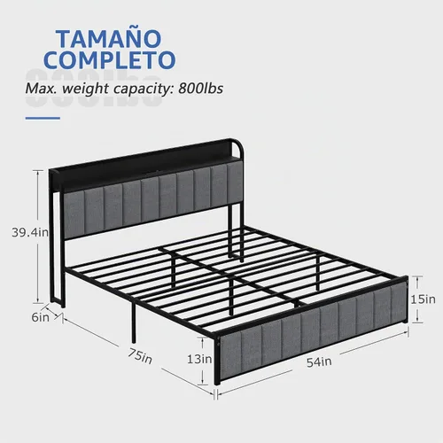 Vista 2 de VECELO Marco de cama Full, cabecera tapizada con almacenamiento y estación de carga, marco de cama de plataforma, listones de metal resistente,