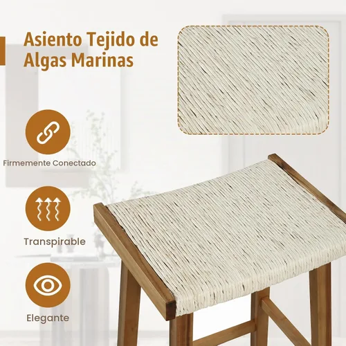 Vista 5 de COSTWAY Juego de 2 taburetes de comedor de 25.5 pulgadas de altura de mostrador con asiento tejido de algas marinas, madera de goma, marco de madera