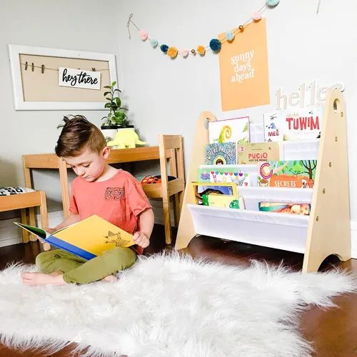 Vista 8 de Wildkin Estantería para niños, almacenamiento moderno de madera con 4 estantes y asas de tela, organizador para el hogar o el aula, gris y blanco