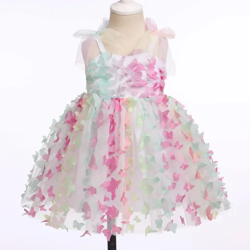 Vista 3 de ODASDO Vestido de fiesta de cumpleaños para niñas pequeñas, con lazo, tirantes delgados, tutú de tul, vestido de princesa, concurso de fiesta
