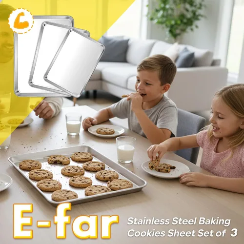 Vista 7 de E-far Juego de 3 bandejas para hornear galletas, 16/12.4/10.4 pulgadas, juego de bandejas de acero inoxidable para horno, bandeja rectangular