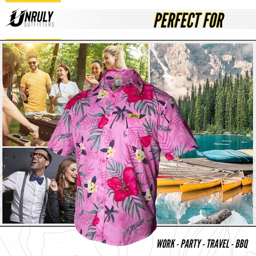 Vista 6 de Unruly Outfitters - Camisa hawaiana novedosa para hombre, rifles M4 y flores para el trabajo, fiesta, barbacoa