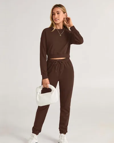Vista 83 de BTFBM Conjunto deportivo de 2 piezas para mujer, camiseta corta de manga larga, sin botones, pantalón con cordón ajustable, pantalones deportivos
