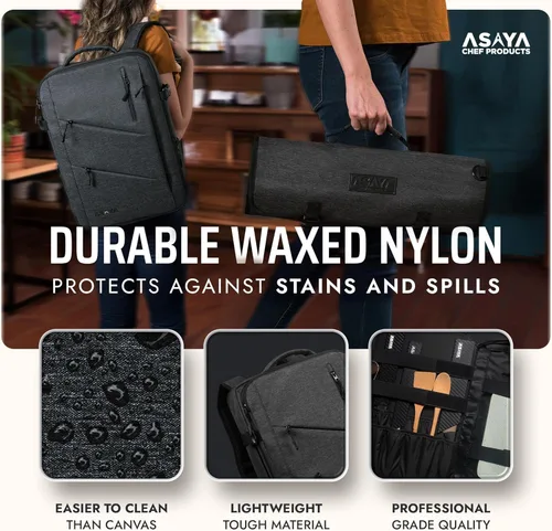 Vista 4 de Asaya - Mochila para cuchillos de chef con bolsa enrollable para 20 cuchillos de bolsillo - Más de 30 bolsillos para cuchillos - Los cuchillos