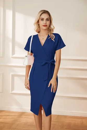 Vista 2 de GRACE KARIN Vestido de negocios de manga corta con cuello en V para mujer, con lazo en la cintura, vestido de cóctel con abertura, vestido midi