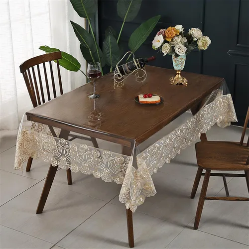 Vista 6 de Mantel rectangular de plástico transparente de vinilo impermeable, borde de encaje bordado, mantel transparente para comedor, cocina al aire libre