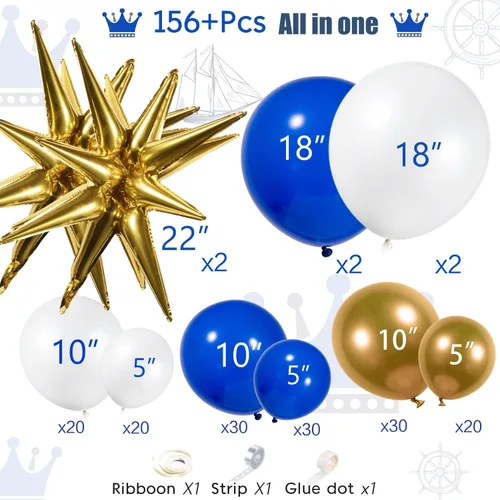 Vista 4 de Kit de arco de guirnalda de globos azul rey y dorado 156 piezas, globos azules, dorados, blancos con estrellas para boda, príncipe, baby shower