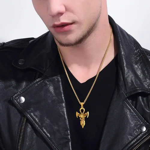 Vista 5 de U7 Horus Necklaces for Men Women, Stainless SteelBlackGold Plated Ankh Cross Egyptian Symbol Jewelry, Eye of Horrus Pendant with 22 Inch Chain