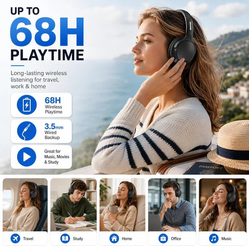 Vista 2 de MIDOLA - Auriculares Bluetooth sobre la oreja, auriculares inalámbricos de 68 horas de reproducción con micrófono, 6 modos de ecualización, graves