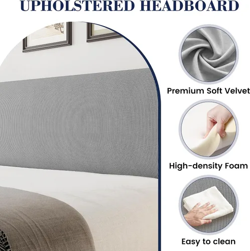Vista 4 de Base de cama de tamaño matrimonial con cabecera tapizada, base de cama de plataforma de madera con 2 bolsillos de almacenamiento, respaldo de ala