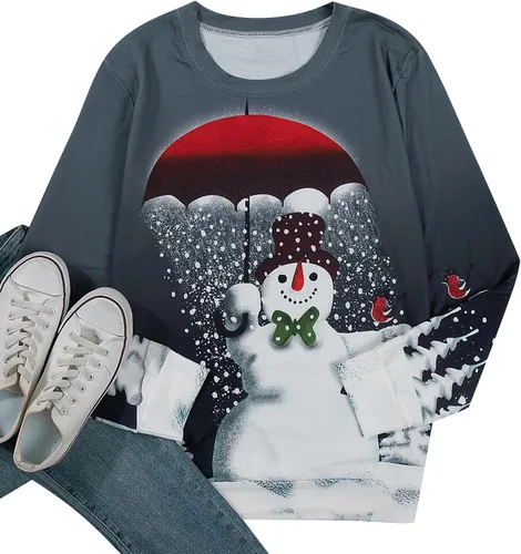Vista 2 de JINTING Sudadera de Navidad con cuello redondo para mujer, blusa ligera de manga larga para Navidad