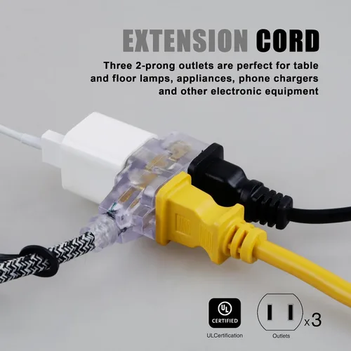 Vista 5 de Paquete de 2 cables de extensión de 15 pies, cable trenzado de 3 salidas, cable de calibre 16 SPT-2, protector de manipulación de múltiples salidas