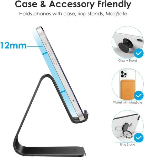 Vista 4 de [Versión actualizada de Solid] OMOTON Desktop Cell Phone stand Tablet Stand avanzada, 4mm de grosor de aluminio soporte para teléfono celular