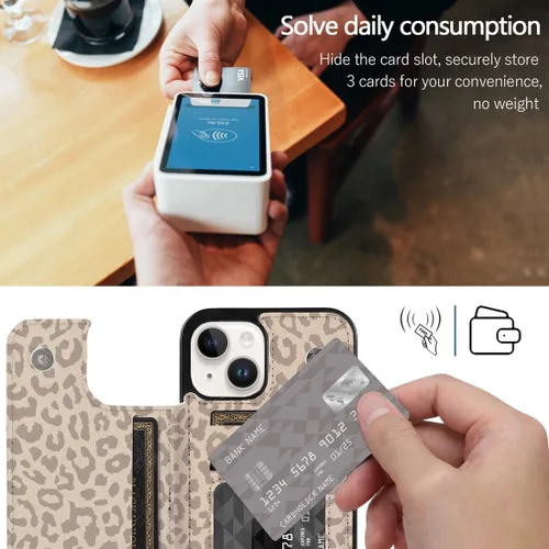 Vista 3 de Funda compatible con iPhone 14/15 con tarjetero y ranuras integradas de piel sintética con función atril y a prueba de golpes para iPhone 14/15