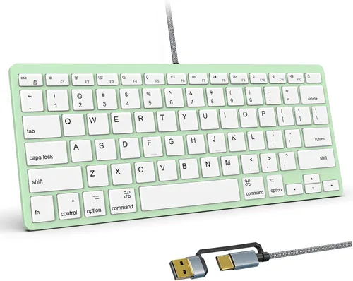 Vista 11 de Teclado con cable ultradelgado para Apple Mac, cable de conversión USB y tipo C, 78 teclas de tijera, teclas de acceso rápido multimedia, compatible