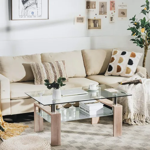 Vista 5 de Tangkula Mesa auxiliar rectangular de cristal, mesa auxiliar moderna con estante inferior, mesa de vidrio templado y patas de metal, adecuada