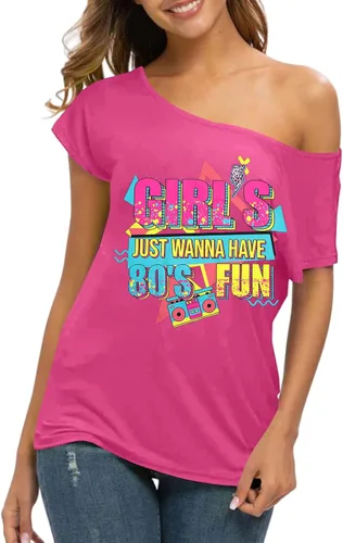 Vista 2 de Traje de los años 90 y 80 para mujer, camiseta de discoteca de fiesta temática de los años 80, tops con hombros descubiertos, parte superior vintage